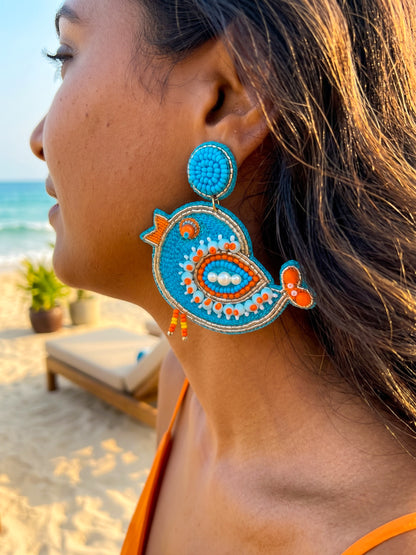 Chirpy Birdie Blue Orange Handmade Beaded Earrings