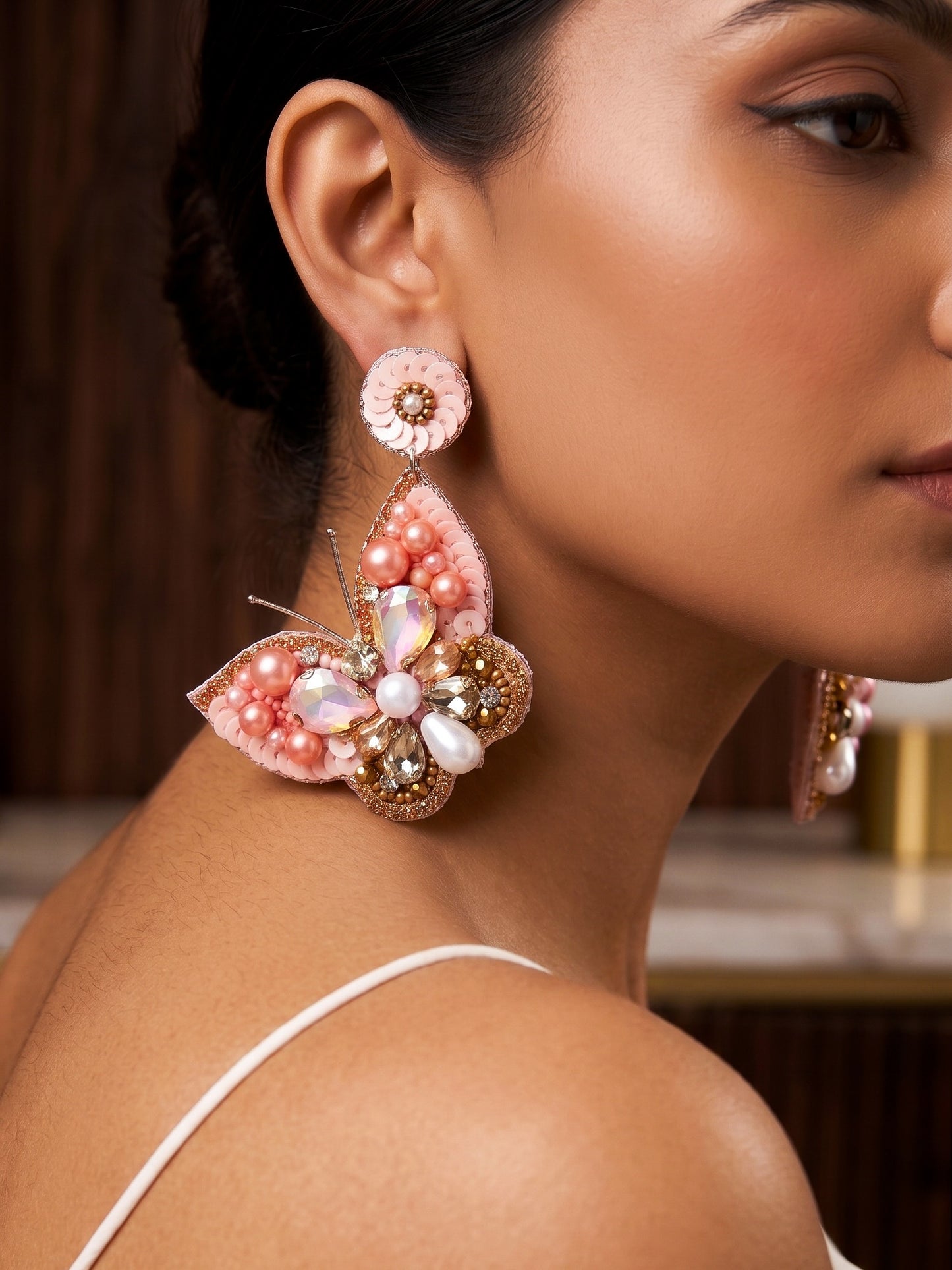 Luxe Crystal Peach Handmade Beaded Butterfly Earrings