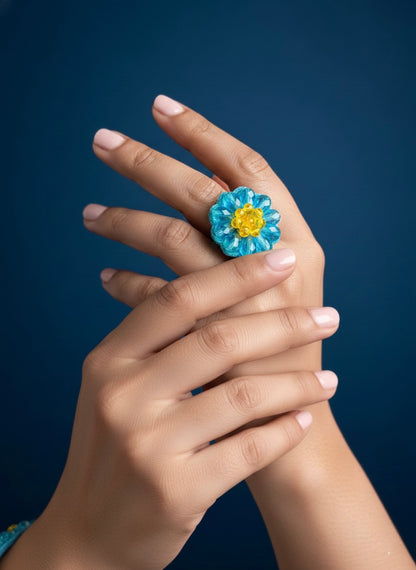 Daisy Dream Blue Handmade Beaded Flower Ring