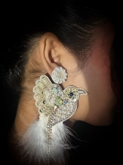 Glamorous Ivory Birdies Handmade Beaded Bird Earrings