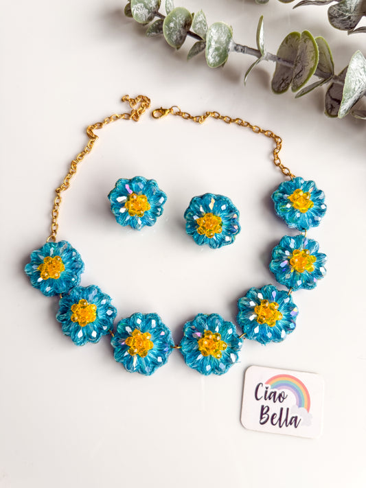 Sparkling Aqua Blue Daisy Handmade Beaded Necklace + Earrings Set