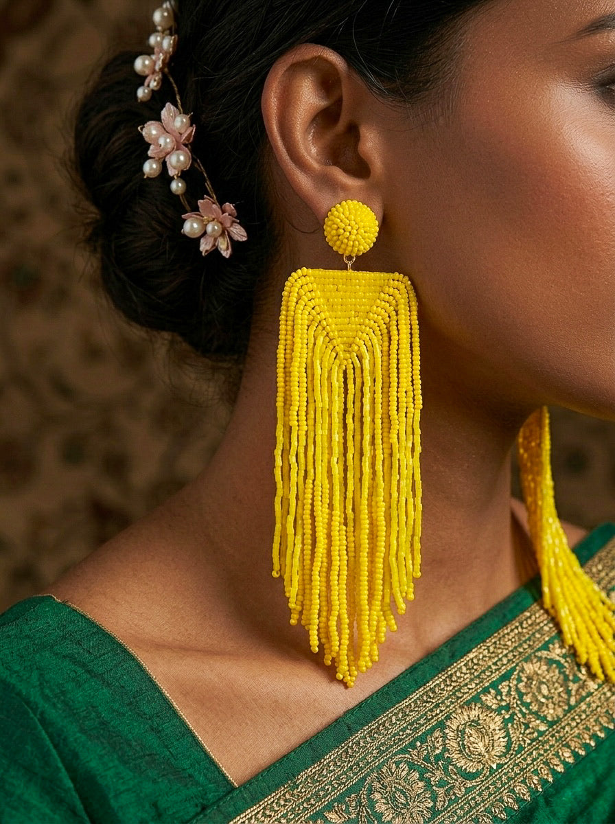 Luxe Sunny Yellow Handmade Beaded Tassel Earrings