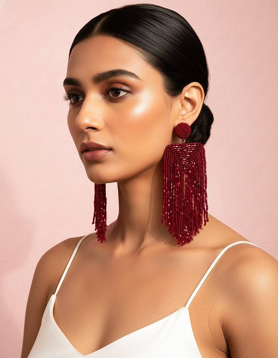Luxe Deep Red Handmade Beaded Tassel Earrings