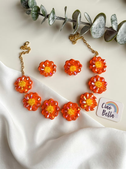 Sparkling Orange Daisy Flower Handmade Beaded Necklace + Earrings Set