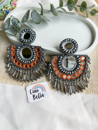 Chandrika Mirror Orange Handmade Beaded Earrings