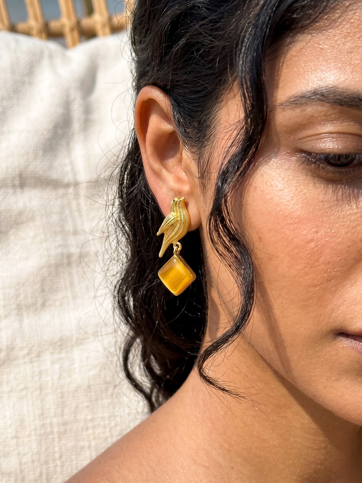 Hello Birdie Handmade Brass Earrings - Yellow Diamond