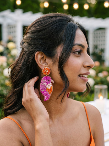 Blooming Birdie Pink Orange Handmade Beaded Earrings