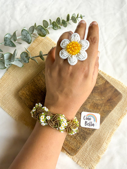 Luxe Flora Antique Brown Gold Handmade Beaded Bracelet + Ring Combo