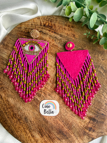 Luxe Evil Eye Hot Pink Handmade Beaded Tassel Earrings