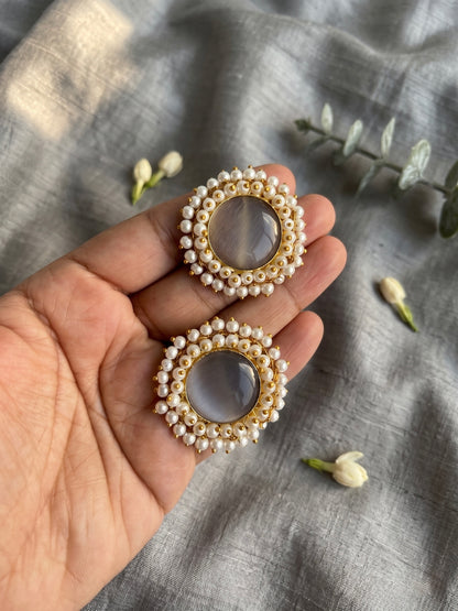 Sitara Grey Pearl Round Handmade Brass Earrings