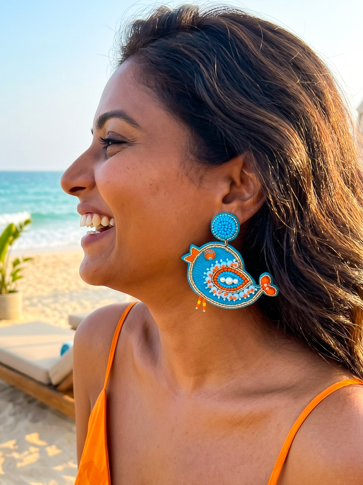 Chirpy Birdie Blue Orange Handmade Beaded Earrings