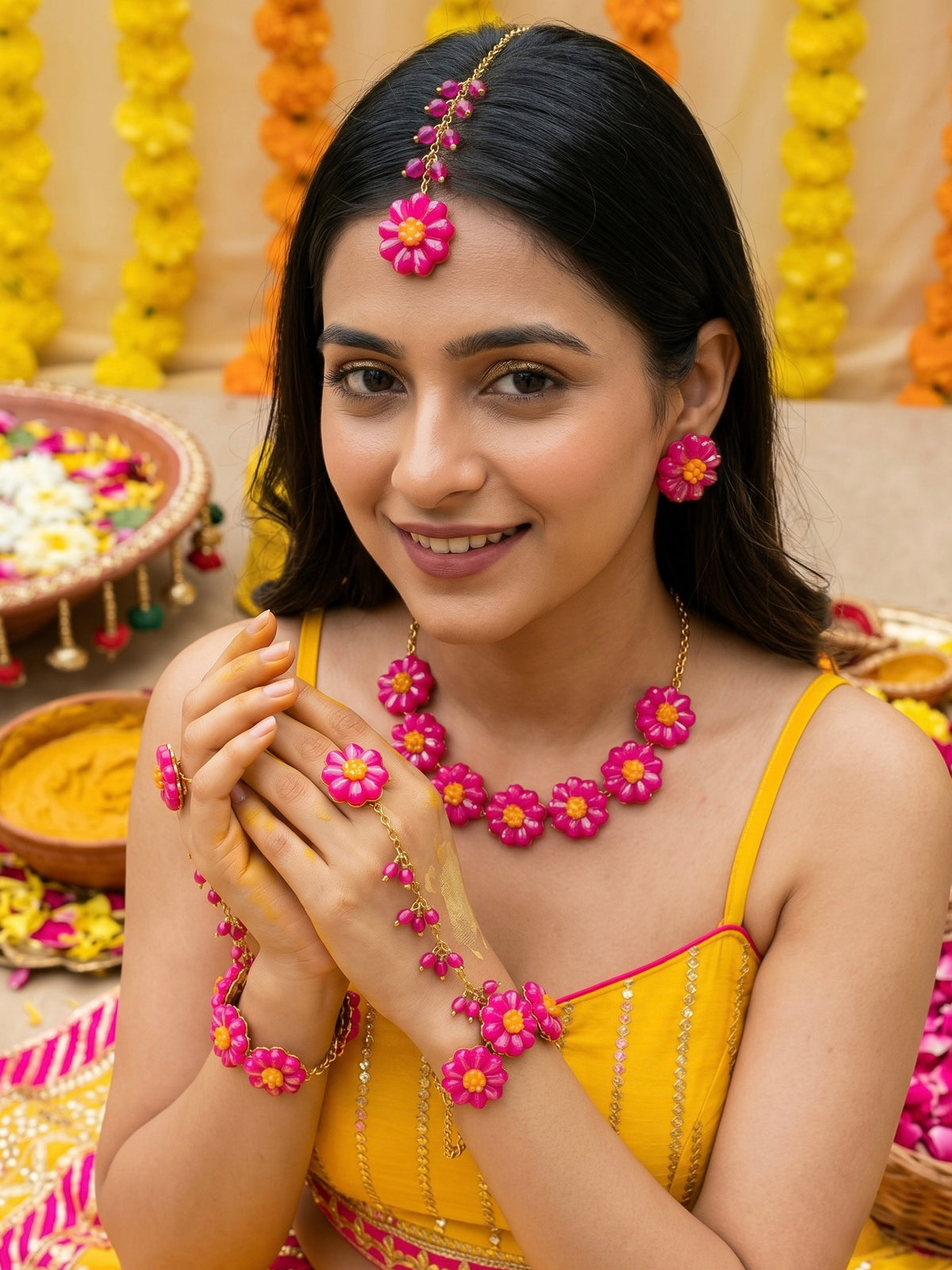 Sparkling Hot Pink Daisy Flower Handmade Beaded Haldi Jewellery Set (Necklace + Earrings + Hathphools + Maangtika)