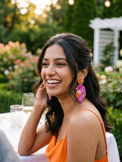 Blooming Birdie Pink Orange Handmade Beaded Earrings