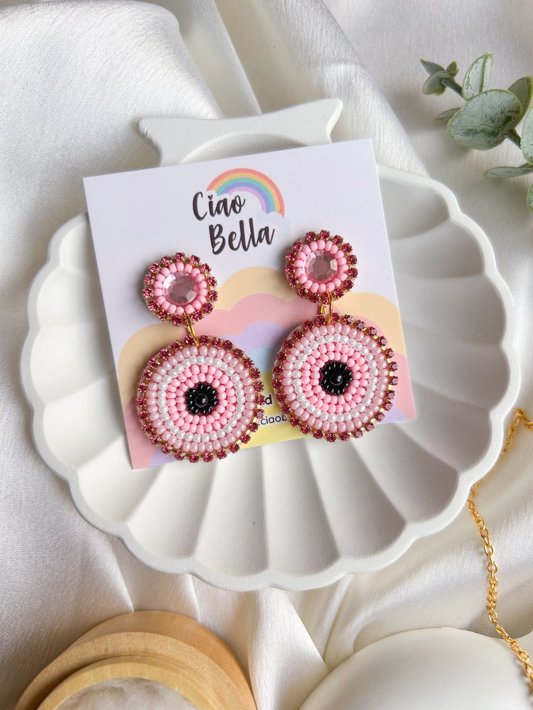 Blush Pink Mini Evil Eye Handmade Beaded Earrings