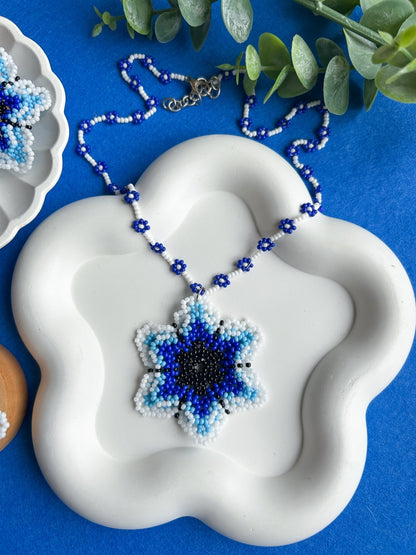 Blossoming Blue Flower Handmade Beaded Necklace + Earrings + Ring Set