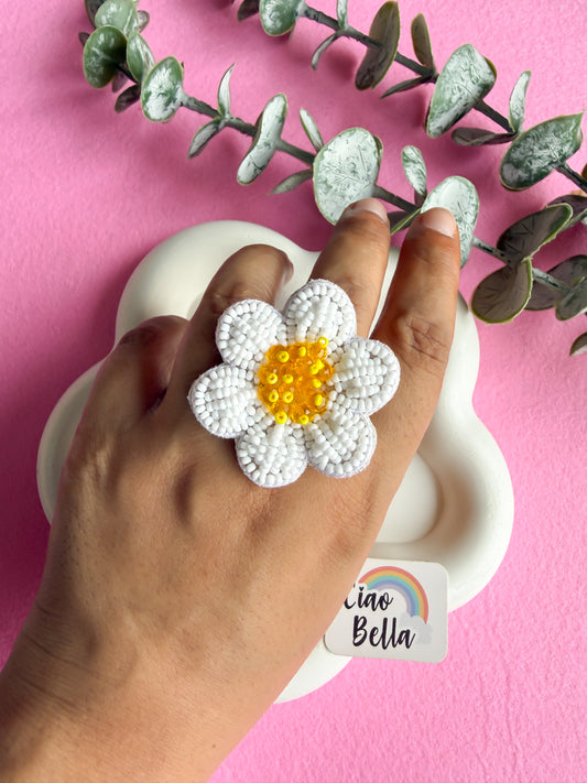 White Daisy Handmade Beaded Flower Ring