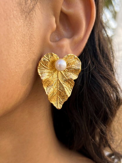 Golden Fern Pearl Handmade Brass Earrings
