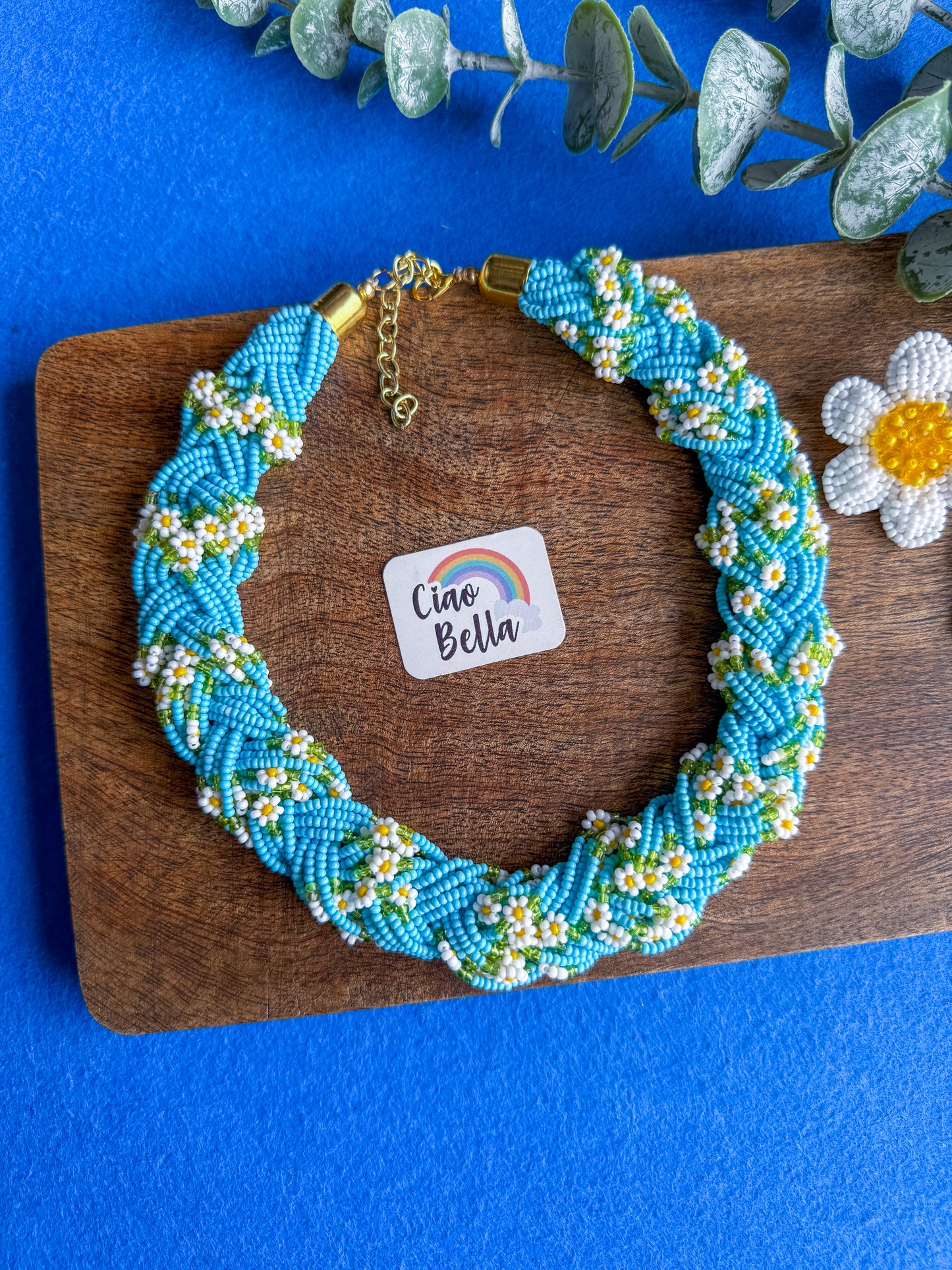 Luxe Flora Aqua Blue Handmade Beaded Necklace + Earrings Set