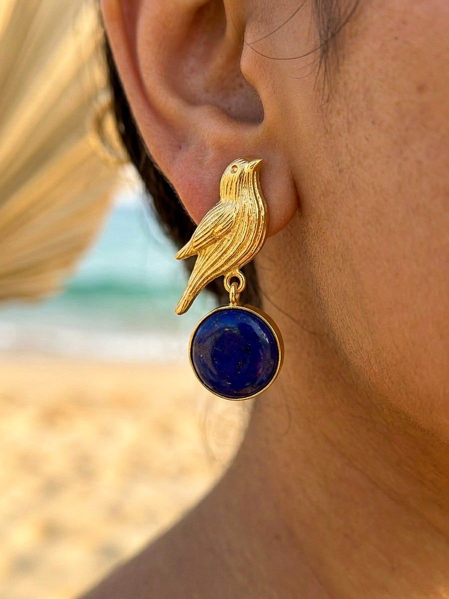 Hello Birdie Handmade Brass Earrings - Blue Round