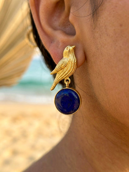 Hello Birdie Handmade Brass Earrings - Blue Round