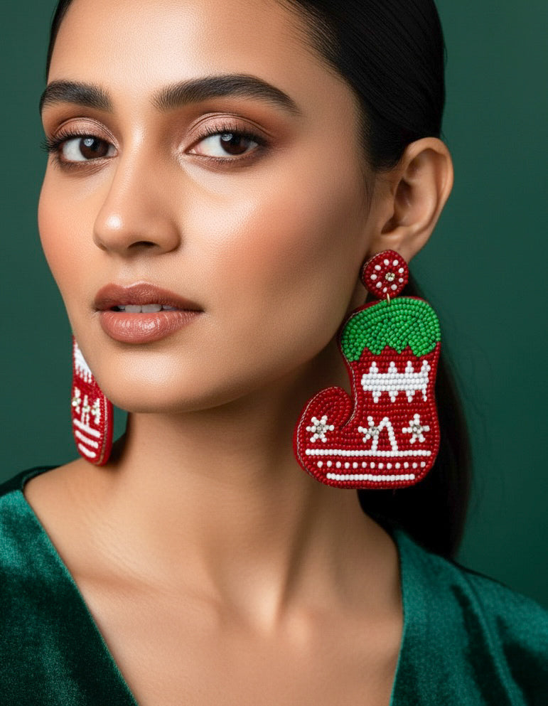 Elf Shoe Handmade Beaded Christmas Earrings