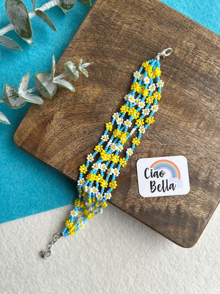 Spring Bloom Blue Yellow White Daisy Handmade Beaded Bracelet