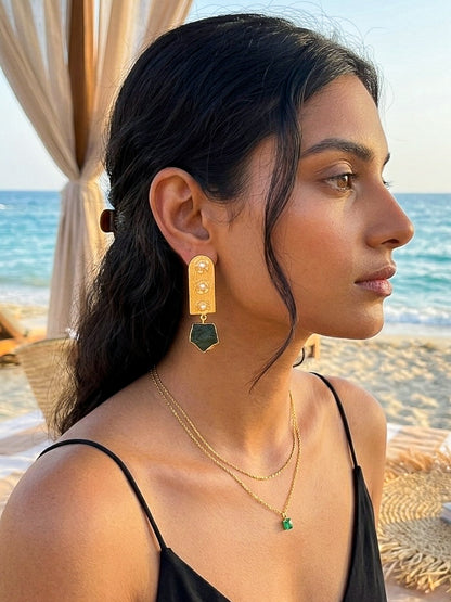 Flora Royale – Green Emerald Handmade Brass Earrings