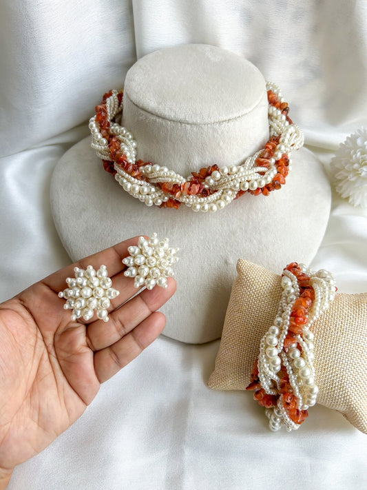 Lehar Pearl Handmade Necklace + Bracelet + Earrings Set