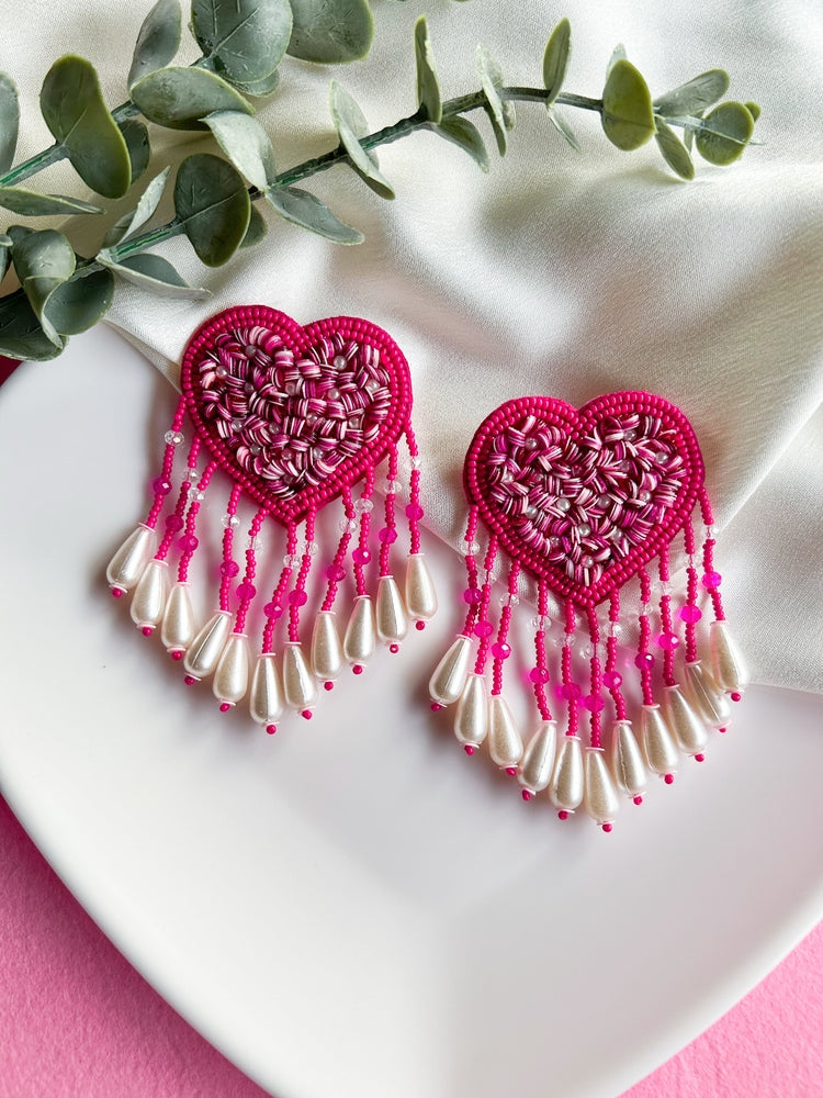 Hot Pink Heart Drop Handmade Beaded Tassel Earrings