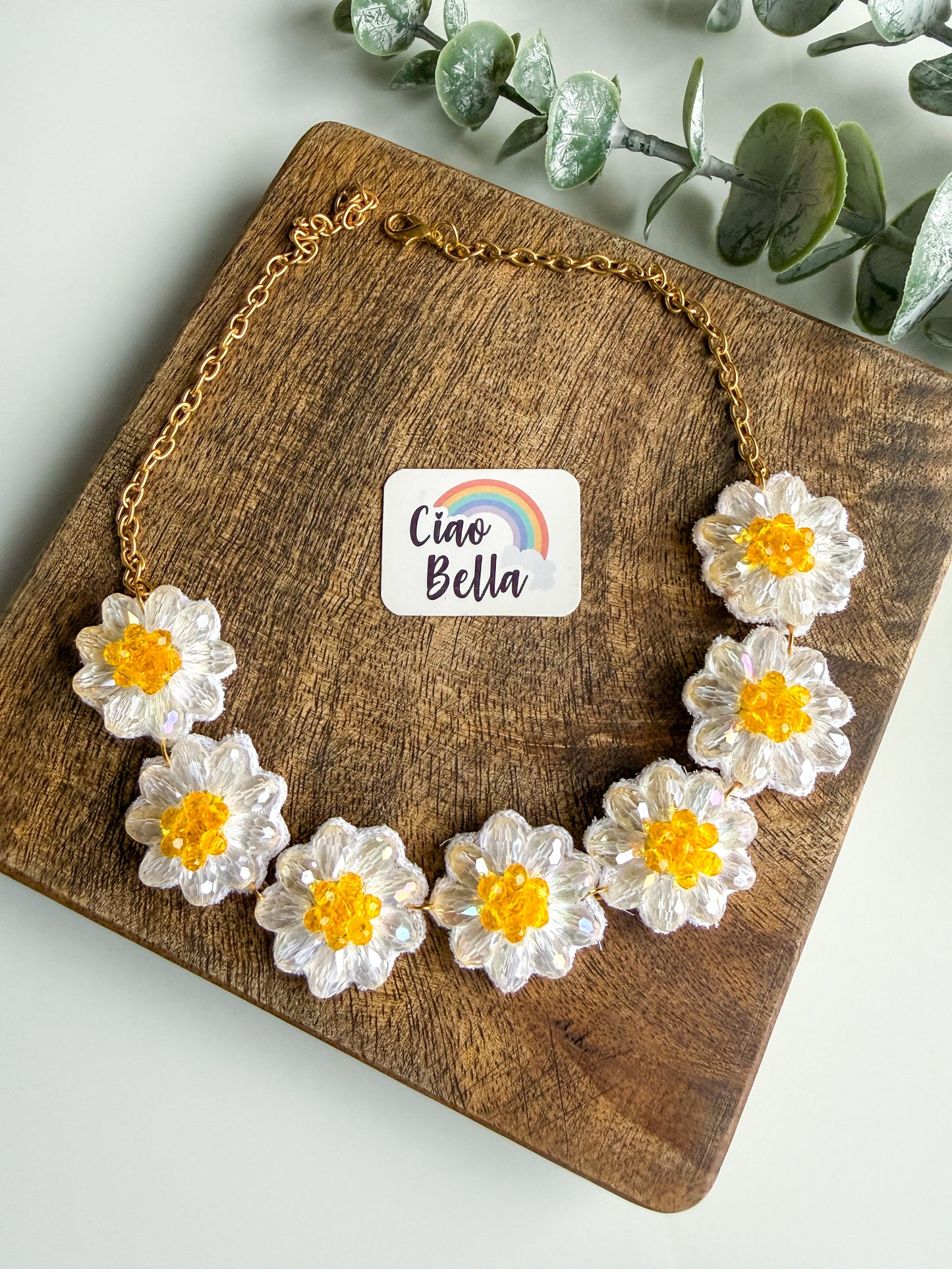 Sparkling White Daisy Handmade Beaded Necklace + Earrings Set