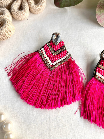 Hot Pink Handmade Beaded Tassel Earrings