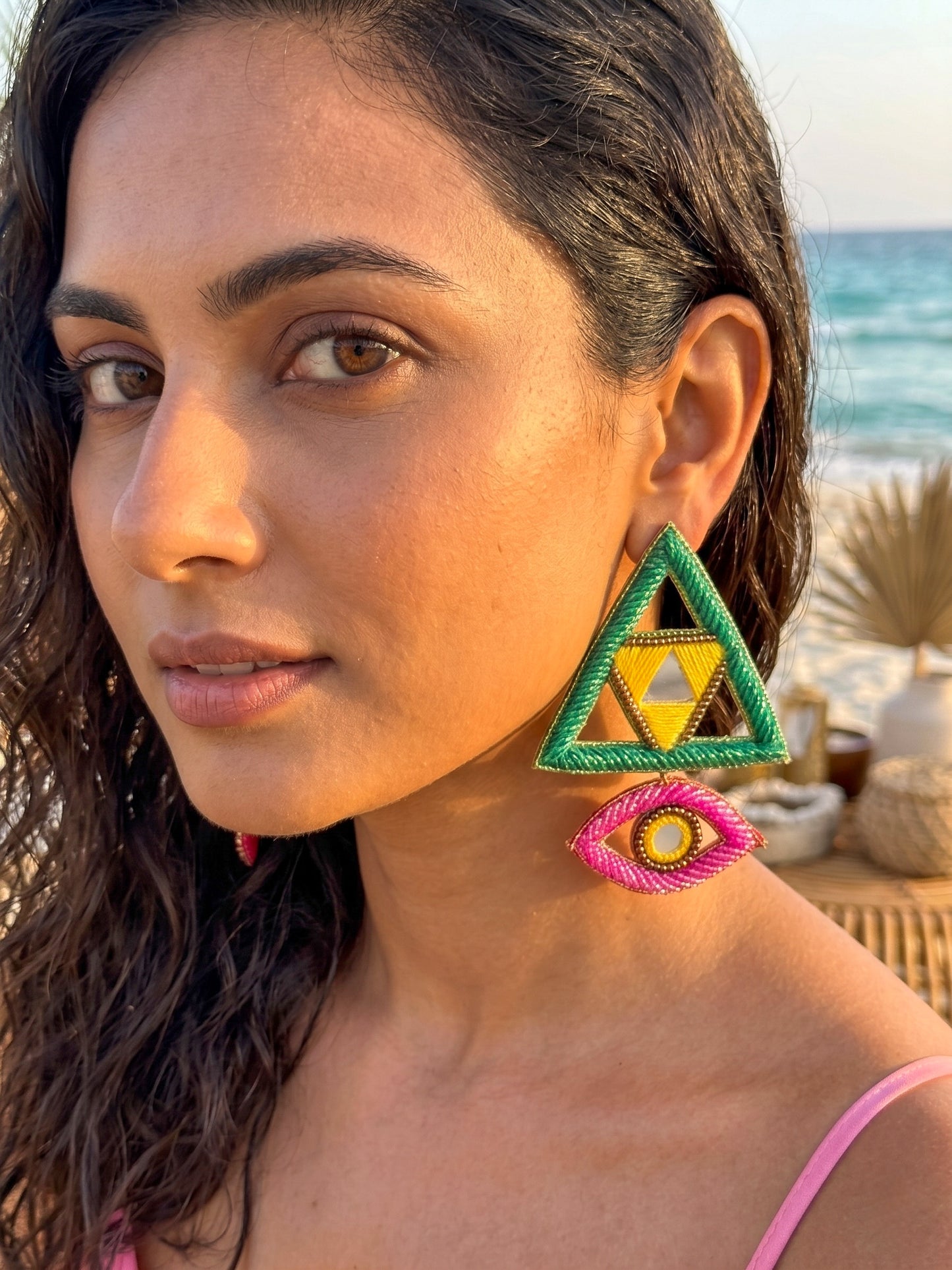 Electric Green & Pink Evil Eye Handmade Beaded Earrings