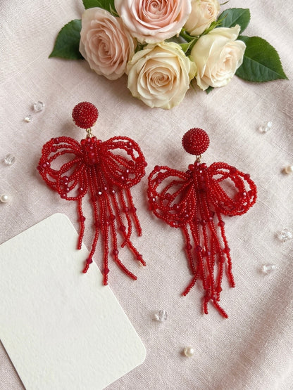 Pookie Bow (Deep Red) Handmade Beaded Earrings