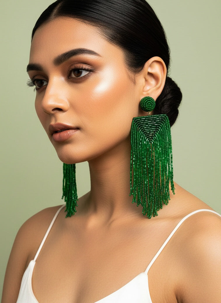 Luxe Emerald Handmade Beaded Tassel Earrings
