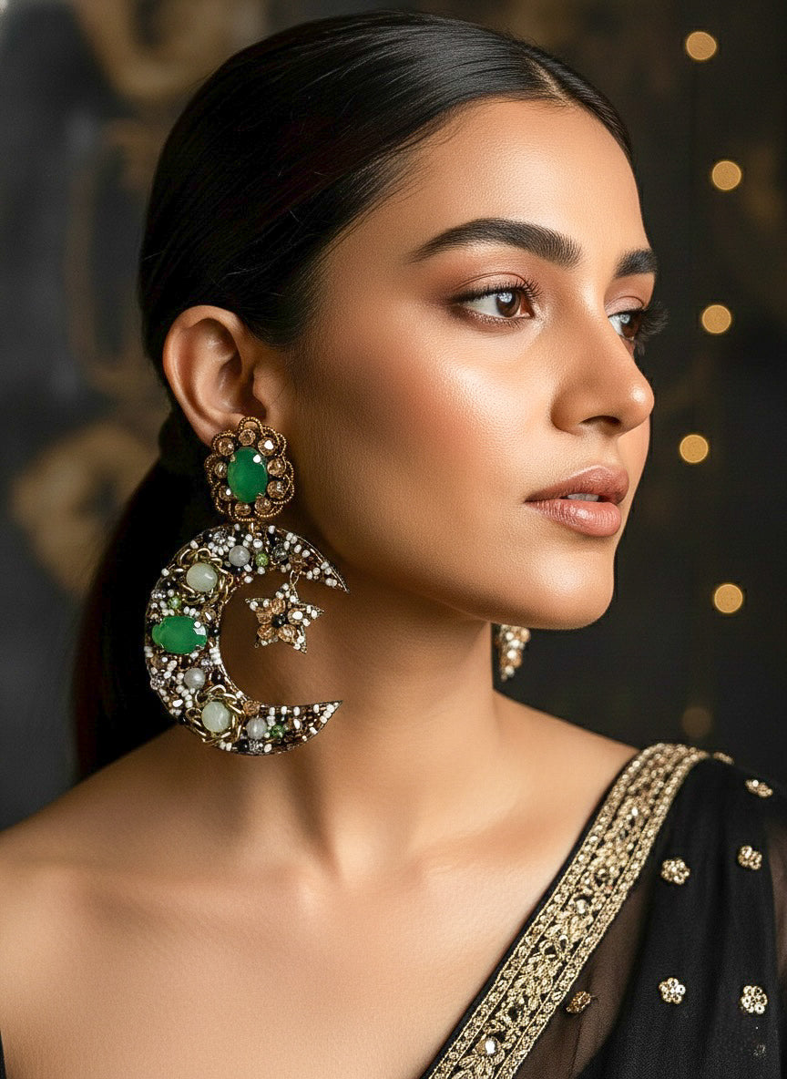 Emerald Crescent Moon & Star Handmade Beaded Statement Earrings