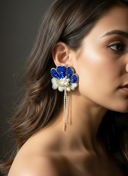 Floral Fiesta Blue Handmade Beaded Flower Earrings