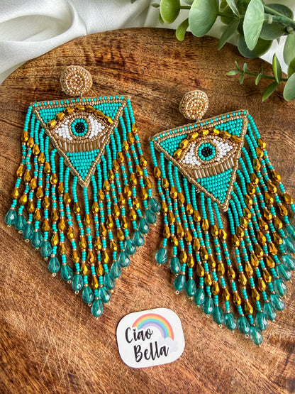 Luxe Evil Eye Teal Blue Handmade Beaded Tassel Earrings