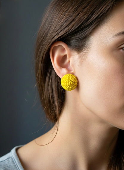 Sunny Yellow Round Handmade Beaded Stud Earrings