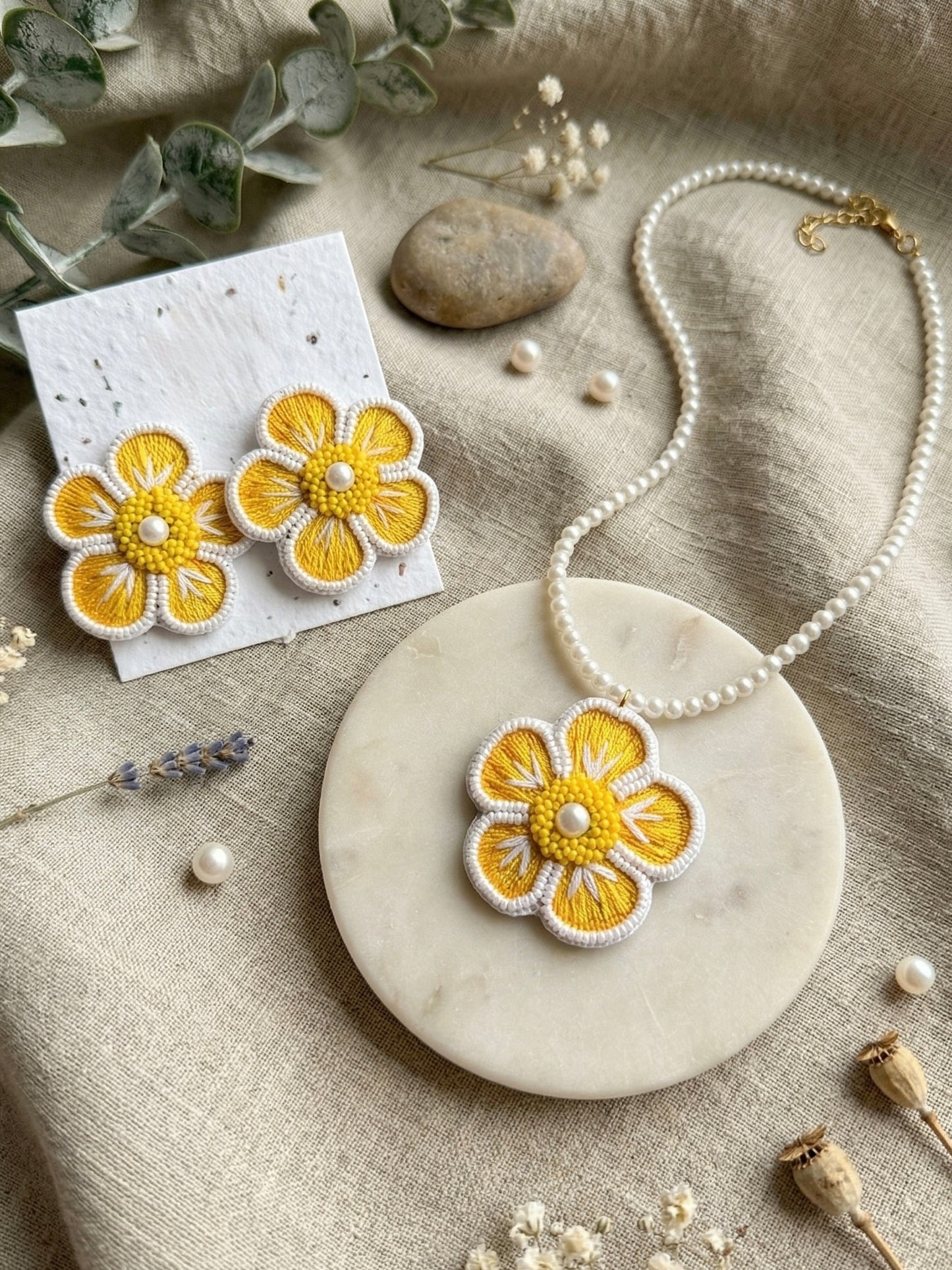Sunshine Yellow Blossom Flower Handmade Beaded Necklace + Earrings Set