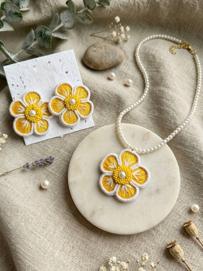 Sunshine Yellow Blossom Flower Handmade Beaded Necklace + Earrings Set