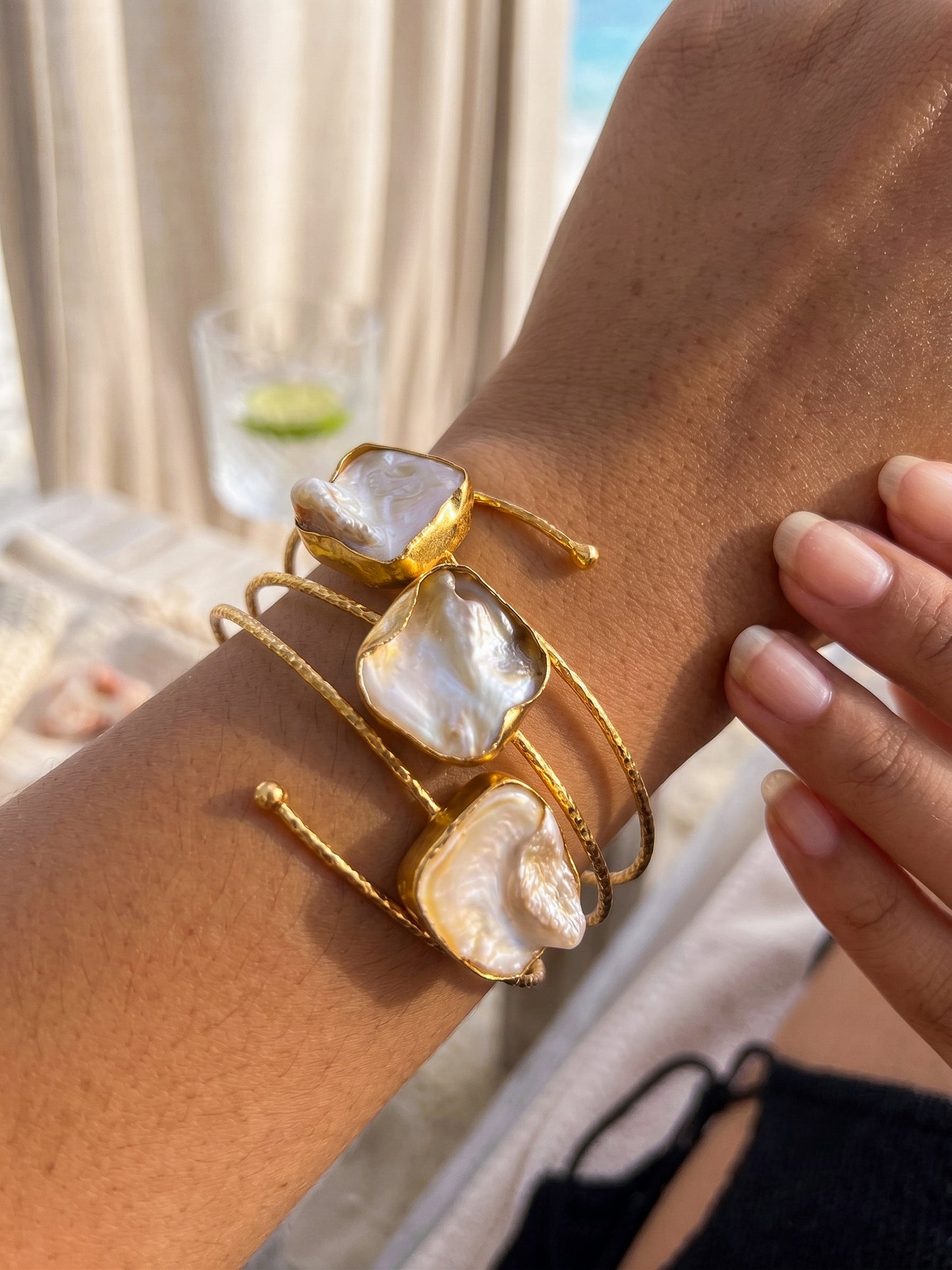 Golden Tide Mother of Pearl Handmade Brass Cuff Bracelet