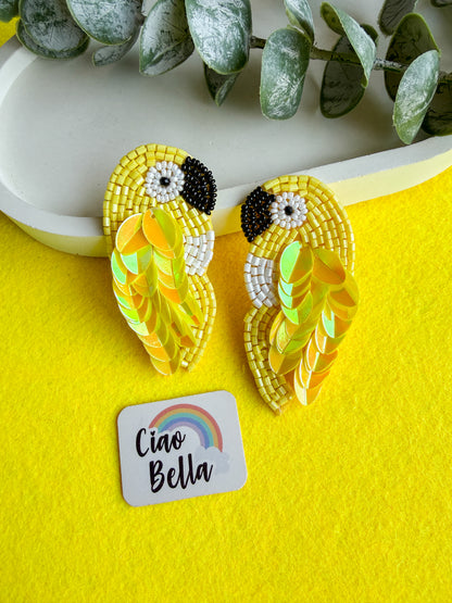 Sunny Yellow Parrot Handmade Beaded Bird Earrings