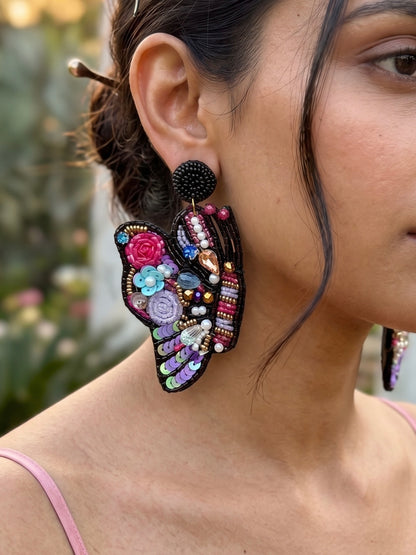Kaleido Wings Black Handmade Beaded Butterfly Earrings
