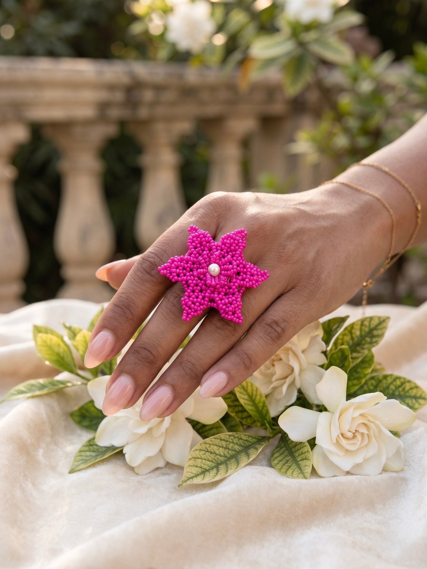Fuchsia Pink Delicate Snowflake 3D Crochet Handmade Beaded Ring