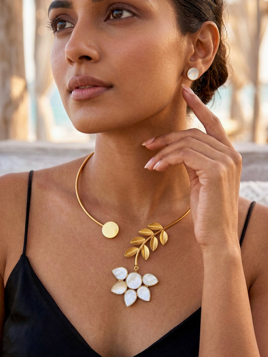 Camellia Bloom Mother of Pearl Handmade Brass Necklace + Stud Earrings Set