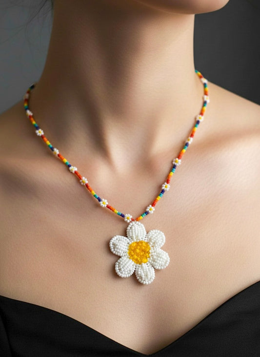 Spring Bloom Rainbow Daisy Handmade Beaded Necklace