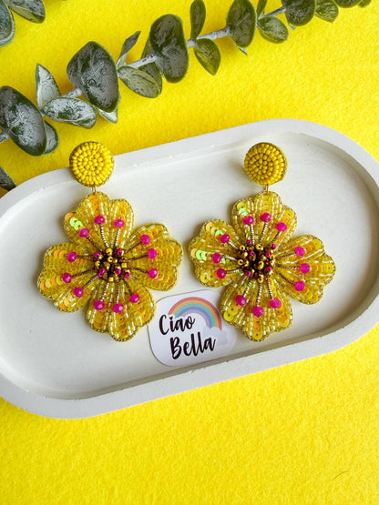 Sunny Glow Yellow Flower Handmade Beaded Earrings