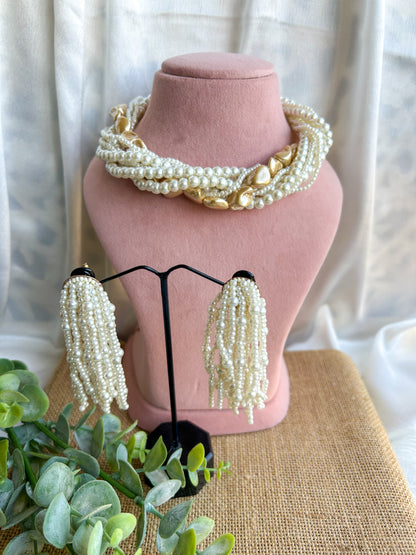 Celeste Pearl Handmade Necklace + Earrings Set - Golden