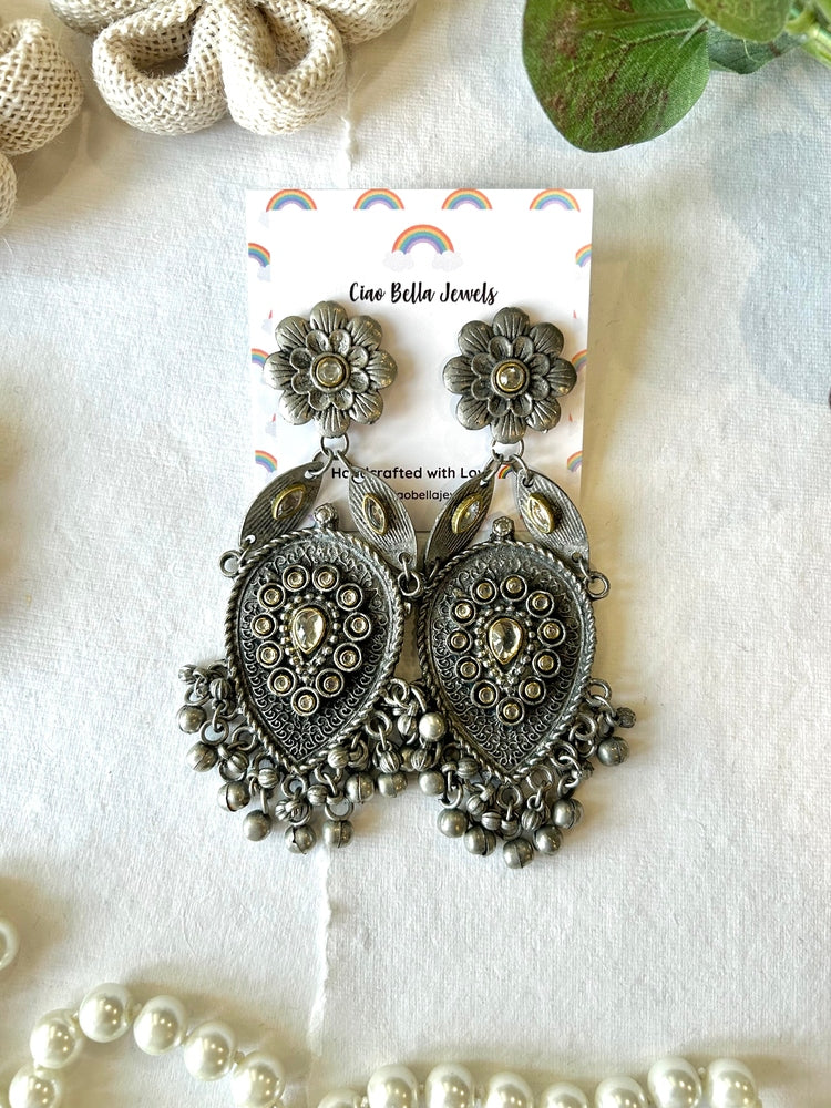 Oxidised Kundan Floral Drop Earrings