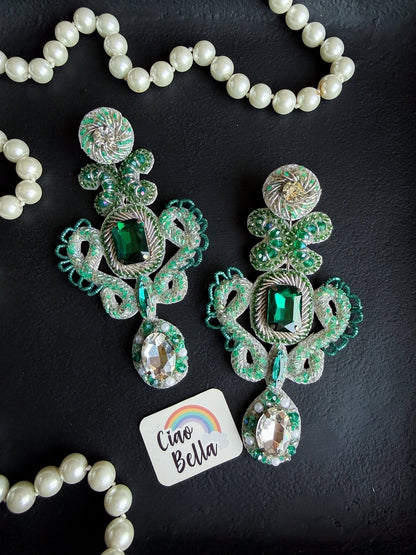 Aashna Silver Green Handmade Beaded Statement Earrings